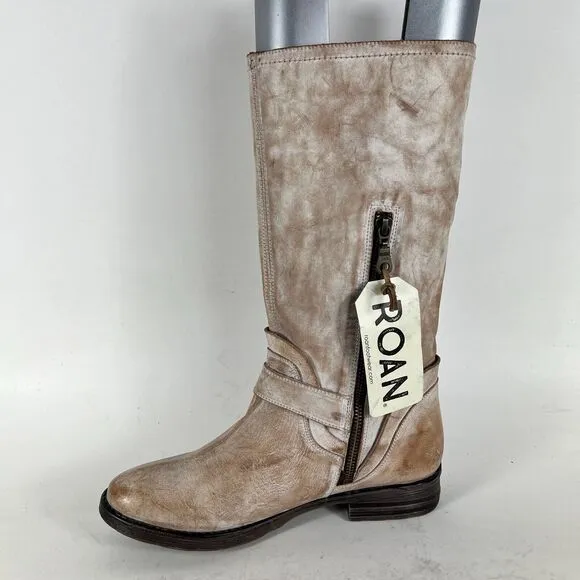Roan Riding Boots Women's 9 Beige Leather Buckle Knee-High Tall Cowboy Zipper