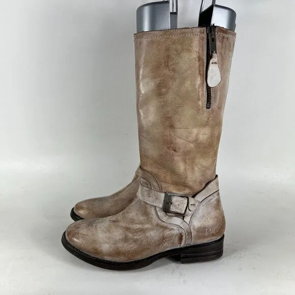 Roan Riding Boots Women's 9 Beige Leather Buckle Knee-High Tall Cowboy Zipper
