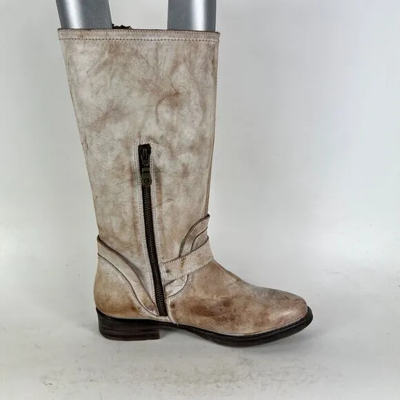 Roan Riding Boots Women's 9 Beige Leather Buckle Knee-High Tall Cowboy Zipper