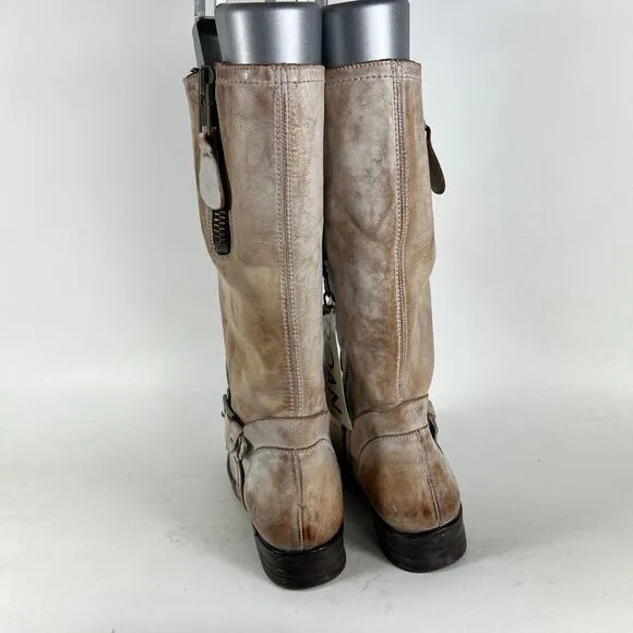 Roan Riding Boots Women's 9 Beige Leather Buckle Knee-High Tall Cowboy Zipper