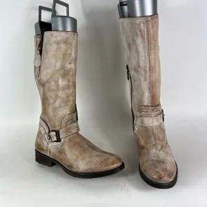 Roan Riding Boots Women's 9 Beige Leather Buckle Knee-High Tall Cowboy Zipper