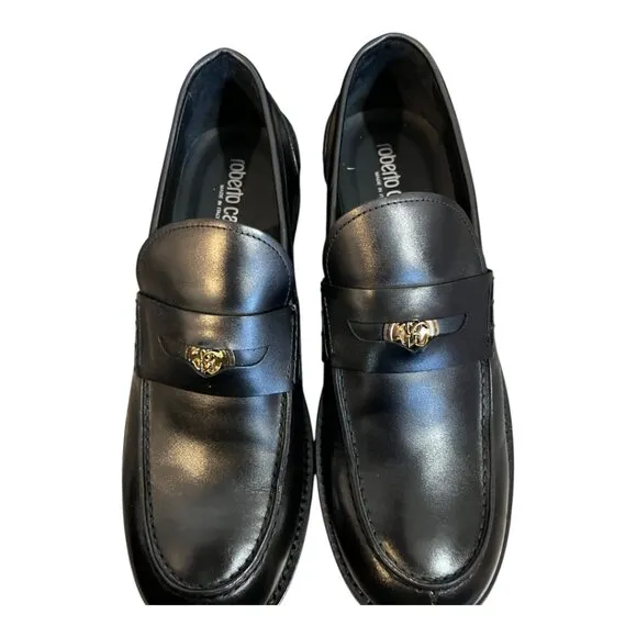 Roberto Cavalli Leather Penny Loafers Men's Size 43.5/10.Black Murano Italy
