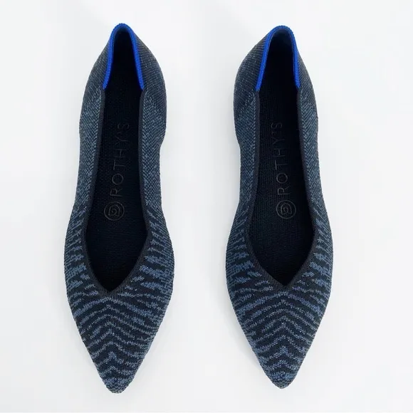 Rothy's Pointed Toe Sparkle Black Blue Zebra Stripe Flats Shoes Size 6.5 Ballet
