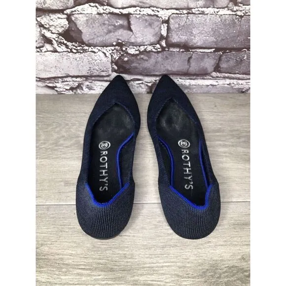 Rothy’s “THE POINT” Navy Blue Knit Pointed Toe Slip On Flats Women Sz 6M US/36EU