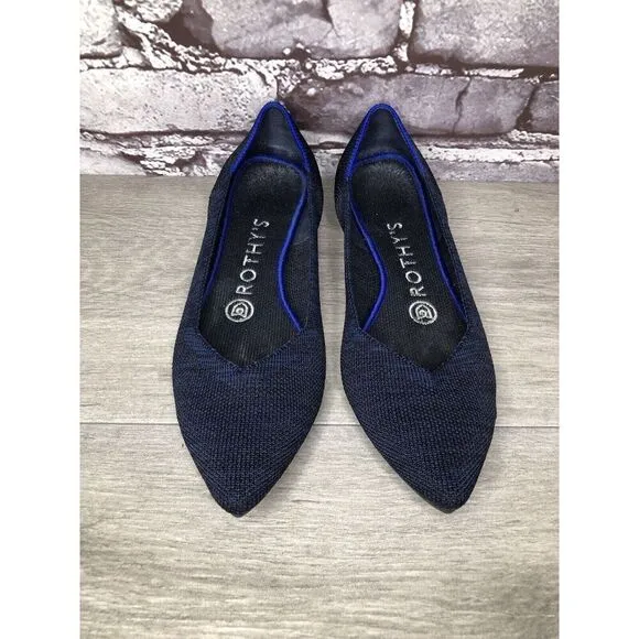 Rothy’s “THE POINT” Navy Blue Knit Pointed Toe Slip On Flats Women Sz 6M US/36EU