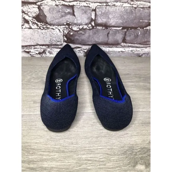 Rothy’s “THE POINT” Navy Blue Knit Pointed Toe Slip On Flats Women Sz 6M US/36EU