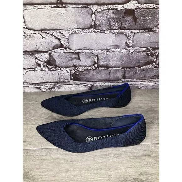 Rothy’s “THE POINT” Navy Blue Knit Pointed Toe Slip On Flats Women Sz 6M US/36EU