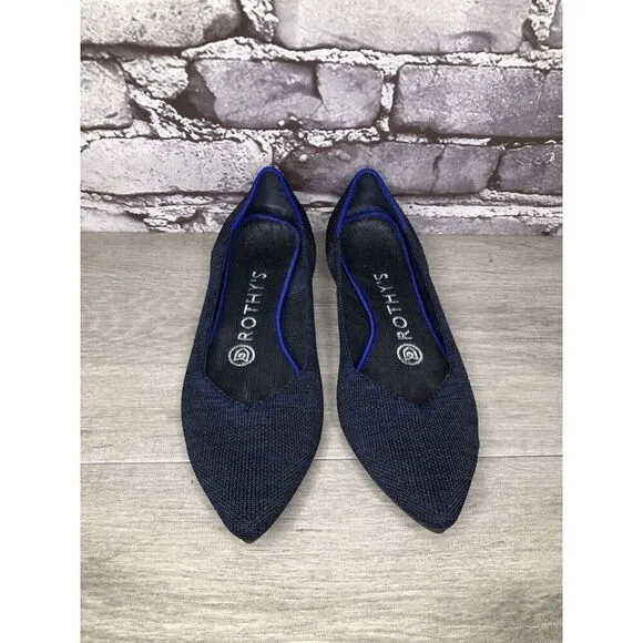 Rothy’s “THE POINT” Navy Blue Knit Pointed Toe Slip On Flats Women Sz 6M US/36EU