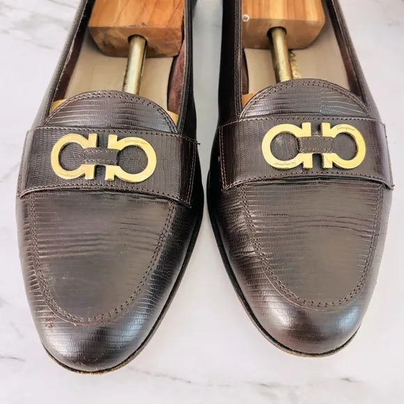 Salvatore Ferragamo Arcella Castoro Calf Liz. Print Brown and Gold Loafers