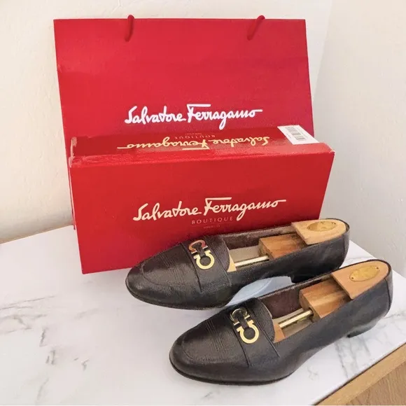 Salvatore Ferragamo Arcella Castoro Calf Liz. Print Brown and Gold Loafers