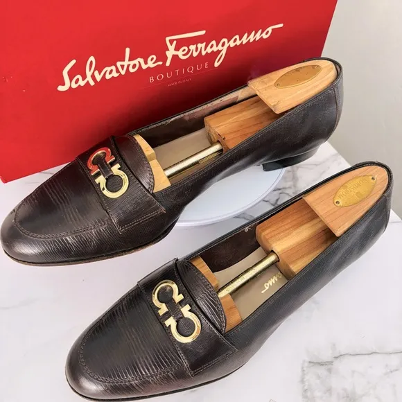 Salvatore Ferragamo Arcella Castoro Calf Liz. Print Brown and Gold Loafers