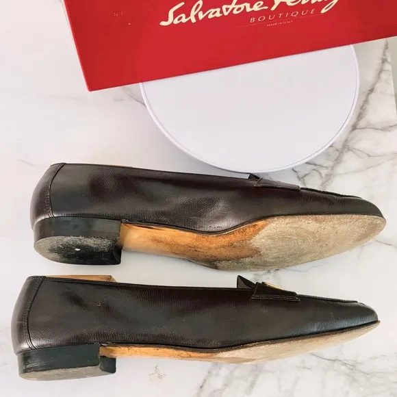 Salvatore Ferragamo Arcella Castoro Calf Liz. Print Brown and Gold Loafers