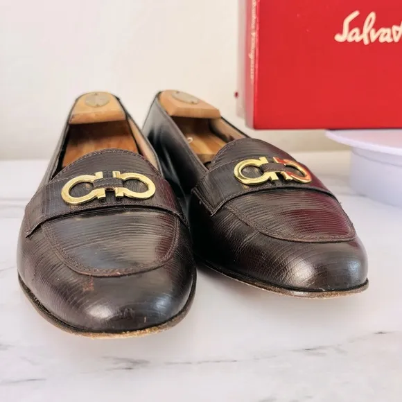 Salvatore Ferragamo Arcella Castoro Calf Liz. Print Brown and Gold Loafers