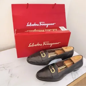 Salvatore Ferragamo Arcella Castoro Calf Liz. Print Brown and Gold Loafers