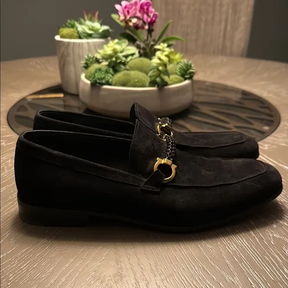 Salvatore Ferragamo Black and Gold Loafers with Horsebit Detail