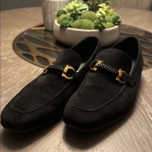 Salvatore Ferragamo Black and Gold Loafers with Horsebit Detail