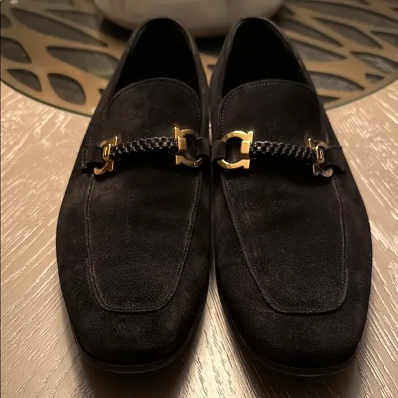 Salvatore Ferragamo Black and Gold Loafers with Horsebit Detail