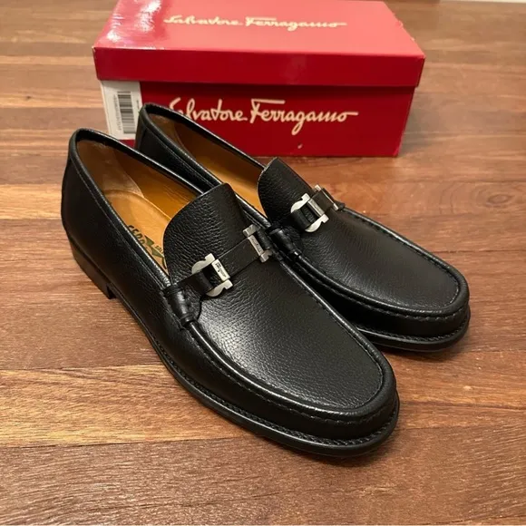 Salvatore Ferragamo Black Leather Loafers with Silver Buckle