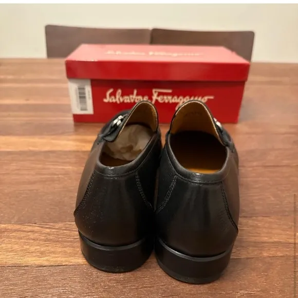 Salvatore Ferragamo Black Leather Loafers with Silver Buckle