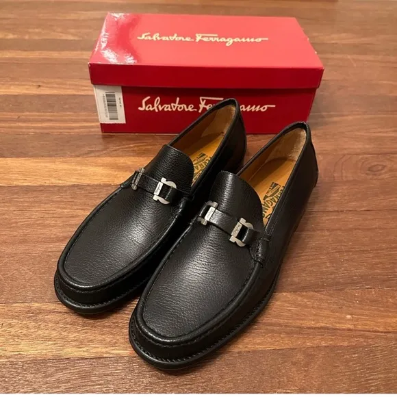 Salvatore Ferragamo Black Leather Loafers with Silver Buckle