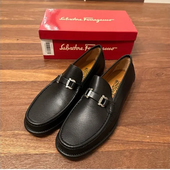 Salvatore Ferragamo Black Leather Loafers with Silver Buckle
