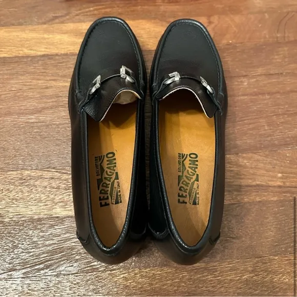 Salvatore Ferragamo Black Leather Loafers with Silver Buckle