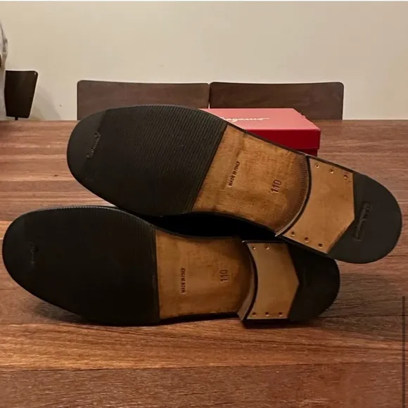 Salvatore Ferragamo Black Leather Loafers with Silver Buckle