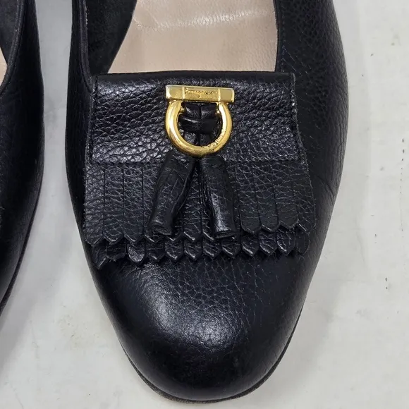 SALVATORE FERRAGAMO Black Leather Women's Kitten Heel Loafers Size 8B