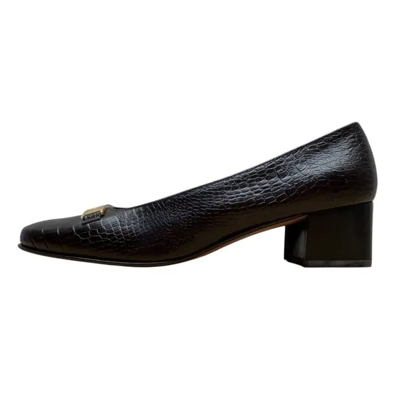 Salvatore Ferragamo Brown Croc-Embossed Leather Block Heel Loafers Sz 5.5B- New
