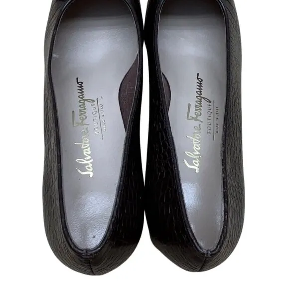 Salvatore Ferragamo Brown Croc-Embossed Leather Block Heel Loafers Sz 5.5B- New