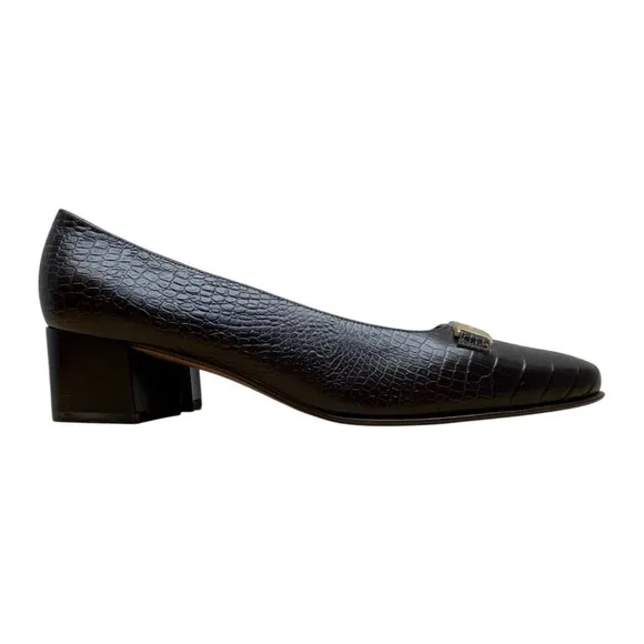 Salvatore Ferragamo Brown Croc-Embossed Leather Block Heel Loafers Sz 5.5B- New
