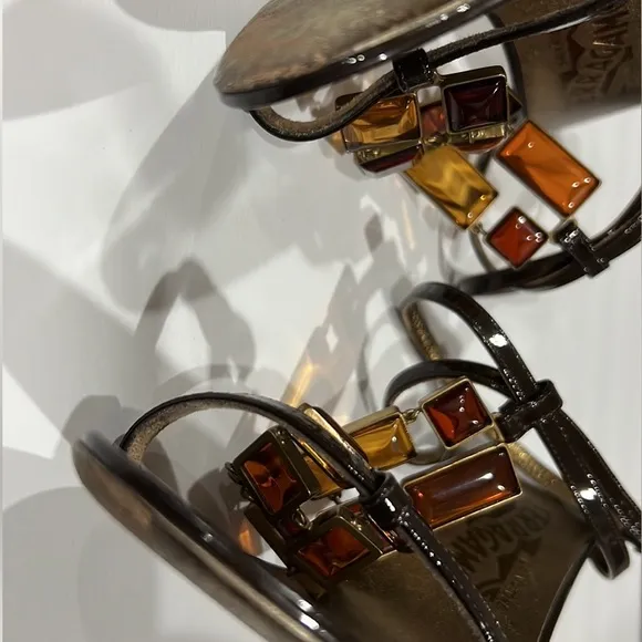Salvatore Ferragamo Brown Jeweled Heel Sandals‎