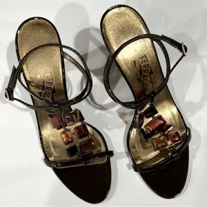 Salvatore Ferragamo Brown Jeweled Heel Sandals‎