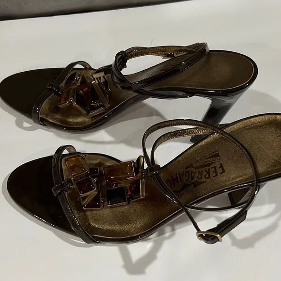 Salvatore Ferragamo Brown Jeweled Heel Sandals‎