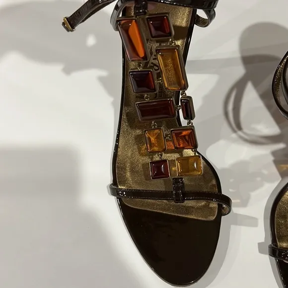 Salvatore Ferragamo Brown Jeweled Heel Sandals‎
