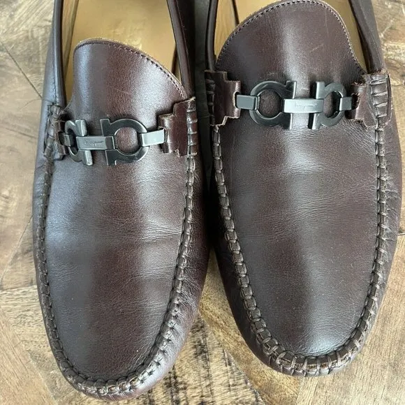 Salvatore Ferragamo Dark Brown Leather Gunmental Gancini Bit Loafers