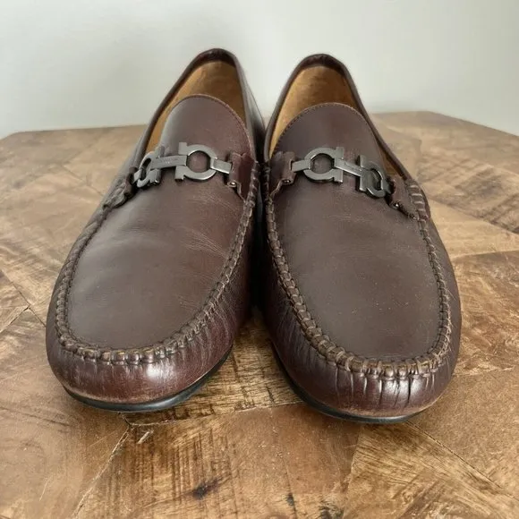 Salvatore Ferragamo Dark Brown Leather Gunmental Gancini Bit Loafers