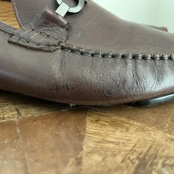 Salvatore Ferragamo Dark Brown Leather Gunmental Gancini Bit Loafers