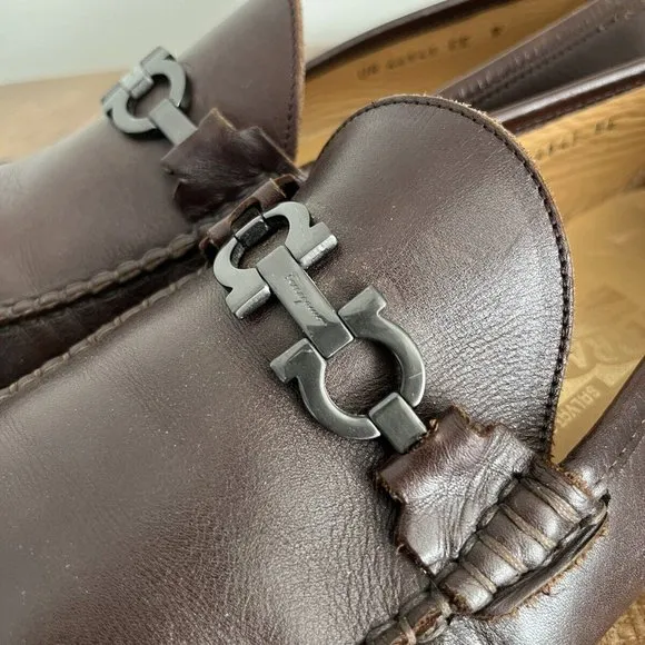 Salvatore Ferragamo Dark Brown Leather Gunmental Gancini Bit Loafers