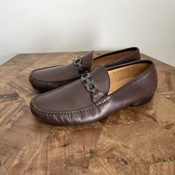 Salvatore Ferragamo Dark Brown Leather Gunmental Gancini Bit Loafers