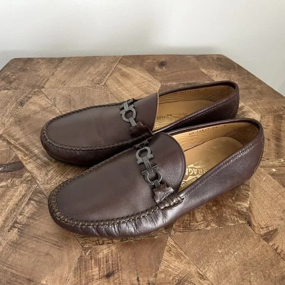 Salvatore Ferragamo Dark Brown Leather Gunmental Gancini Bit Loafers