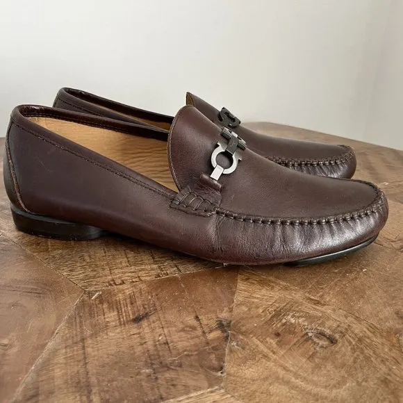 Salvatore Ferragamo Dark Brown Leather Gunmental Gancini Bit Loafers