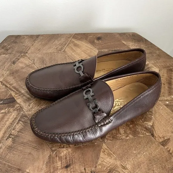 Salvatore Ferragamo Dark Brown Leather Gunmental Gancini Bit Loafers