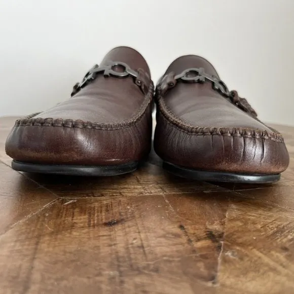 Salvatore Ferragamo Dark Brown Leather Gunmental Gancini Bit Loafers