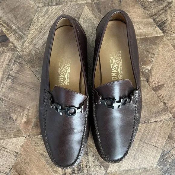 Salvatore Ferragamo Dark Brown Leather Gunmental Gancini Bit Loafers