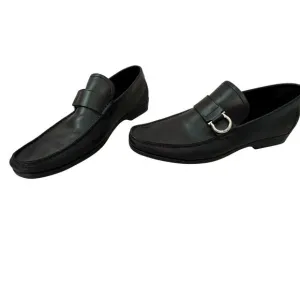 Salvatore Ferragamo Mens Sz 8 Black Leather Loafers W/ Silver Buckle Italy