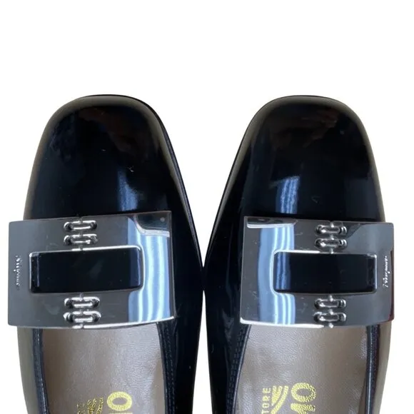 Salvatore Ferragamo Womens Black Patent Leather Silver Buckle Loafers Sz 5.5 B