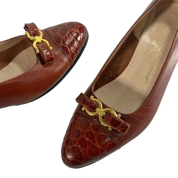 Salvatore Ferragamo Women's Brown Leather Slip On Block Heel Loafers Size 6.5 C