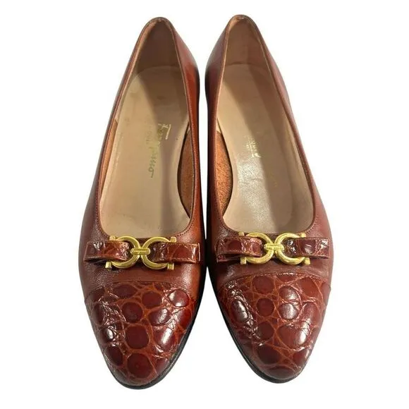Salvatore Ferragamo Size 6.5C Brown Leather Slip On Block Heel Loafers Women’s
