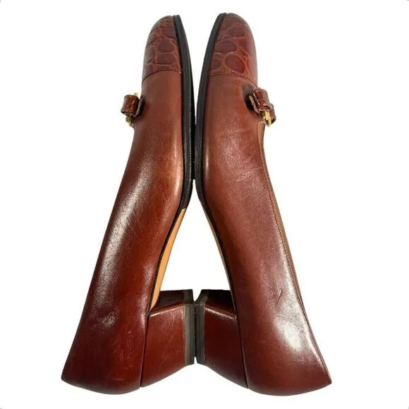 Salvatore Ferragamo Size 6.5C Brown Leather Slip On Block Heel Loafers Women’s